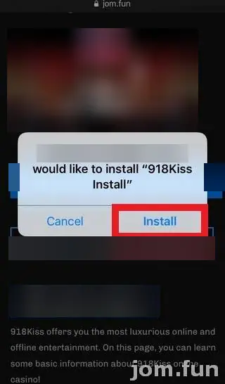 Safari prompt asking to install 918Kiss Install from a Google cloud storage address, with the Install button outlined in red