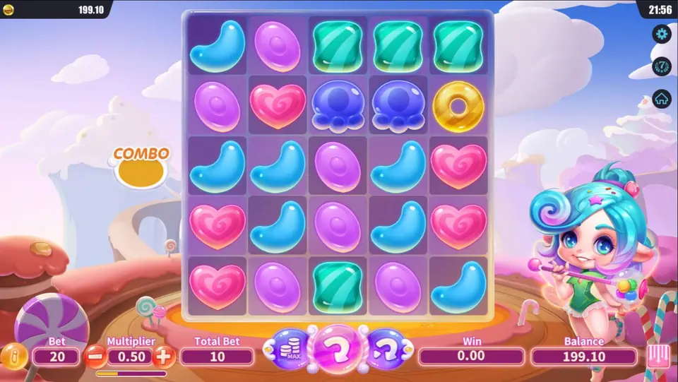 Candy Kingdom slot: 5 by 5 grid of jelly sweets, a cartoon candy fairy on the right, and a bottom bar with Bet 20, Multiplier 0.50, Total Bet 10, Win 0.00 and Balance 199.10