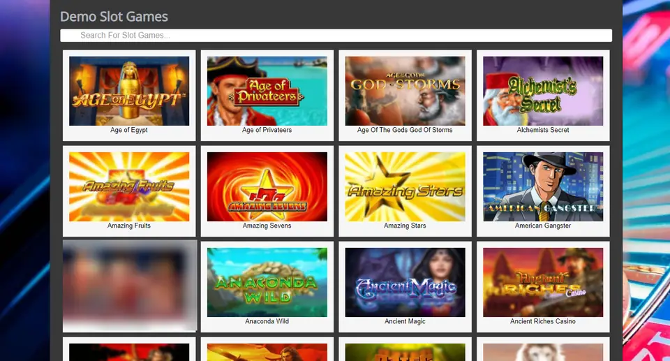 Demo Slot Games lobby with a search bar and alphabetical tiles from Age of Egypt to Ancient Riches Casino