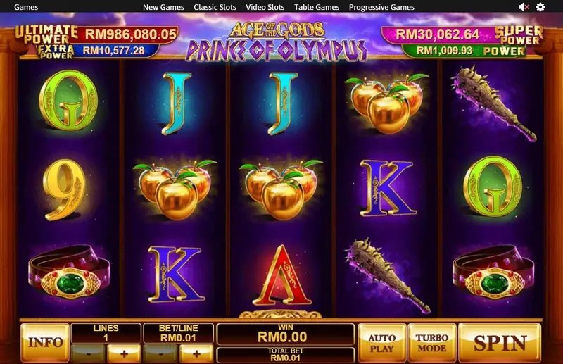 Prince of Olympus reels with golden apples, a spiked club and a jewelled belt, four jackpot counters on top and LINES 1, BET/LINE RM0.01 in the bottom bar