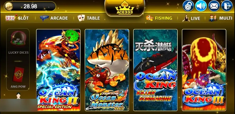 ACE333 lobby with Slot, Arcade, Table, Fishing, Live and Multi tabs above four fishing game tiles, balance shown top-left
