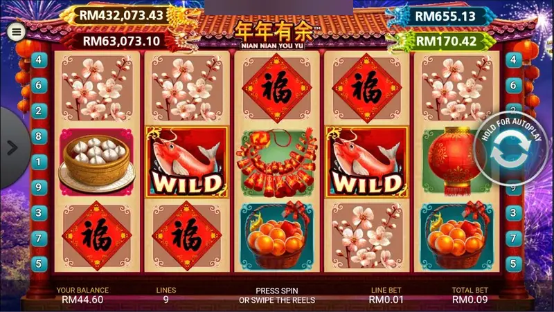 NTC33 Nian Nian You Yu slot with red Chinese-style symbols, two WILD tiles, four jackpot boxes along the top reading RM332,073.43, RM63,073.10, RM655.13 and RM170.42, and a total bet of RM0.09 on 9 lines