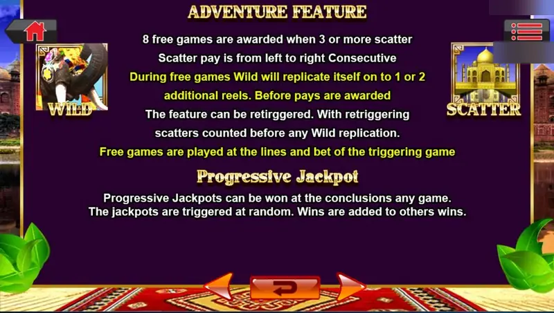 Adventure Indian Myth help page for the Adventure Feature: 8 free games from 3 or more Taj Mahal scatters, a wild that replicates onto 1 or 2 more reels, and a Progressive Jackpot note