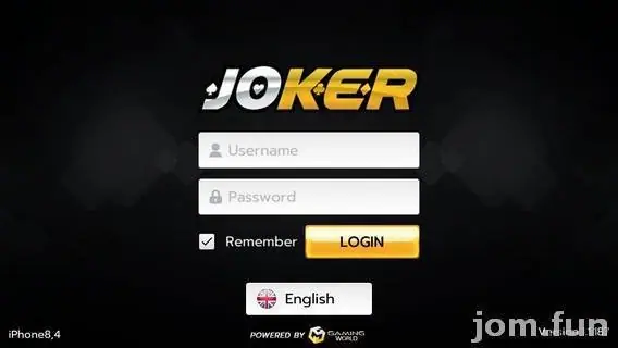 Joker123 login screen on a black background with a gold JOKER logo, Username and Password fields, a Remember tick box, an orange LOGIN button and an English language selector