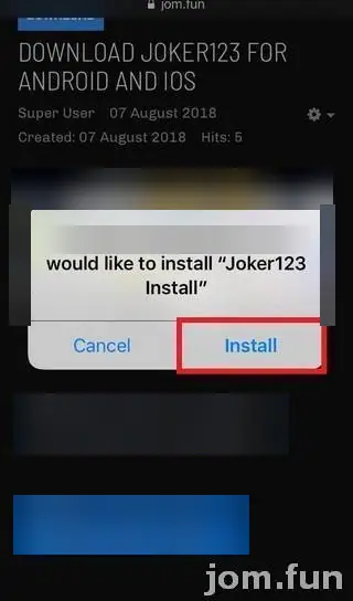 Safari prompt asking to install Joker123 Install, with the Install button outlined in red