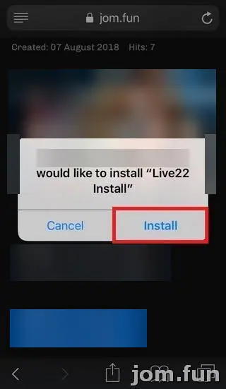 Safari prompt asking to install Live22 Install from a Google cloud storage address, with the Install button outlined in red
