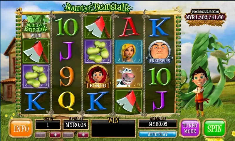 Bounty of the Beanstalk base game on Rollex11: five reels of four rows with axes, beans and a cow, Jack beside the beanstalk and a MYR1,302,741 jackpot box