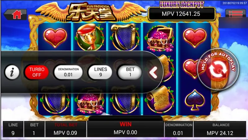 Fun Paradise with the side menu open: TURBO OFF, DENOMINATION 0.01, LINES 9, BET 1