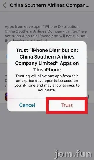 Pop-up asking to trust iPhone Distribution: China Southern Airlines Company Limited apps on this iPhone, with the Trust button outlined in red