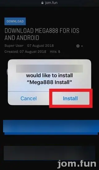 Safari prompt asking to install Mega888 Install from a Google cloud storage address, with the Install button outlined in red