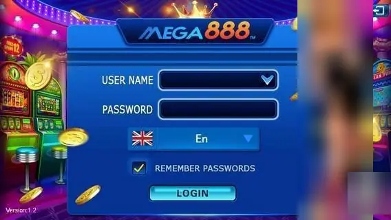Mega888 login screen with User Name and Password fields, an En language picker, a Remember Passwords tick box and a Login button, version 1.2