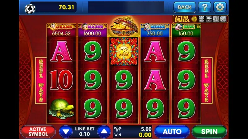 88 Fortunes reels in red and gold with GRAND 6504.32, MAJOR 1600.00, MINOR 750.00 and MINI 150.00 boxes, a treasure bowl of coins in the middle, a red 福 wild on reel 3 and a gold turtle on reel 1, LINE BET 0.10 and TOTAL BET 5.00