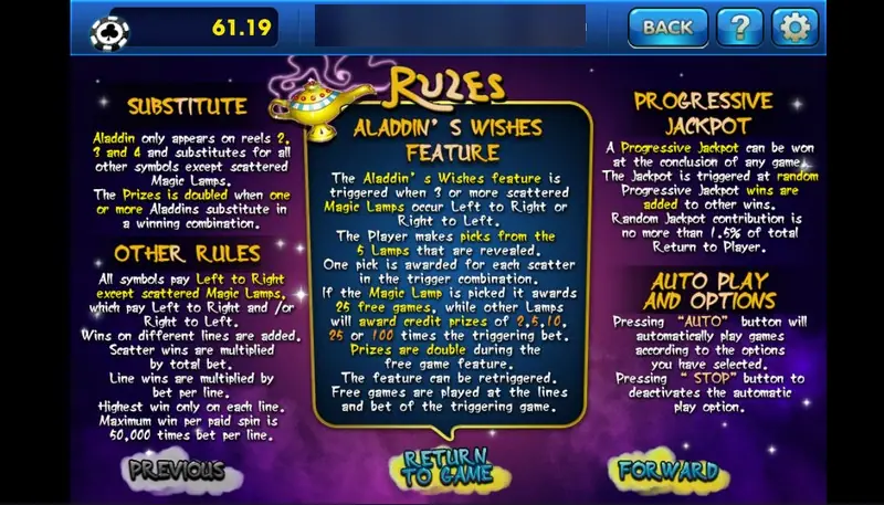 Aladdin's Wishes rules page: the Aladdin substitute, Other Rules, the Aladdin's Wishes Feature with its five-lamp pick, the Progressive Jackpot box and Auto Play and Options