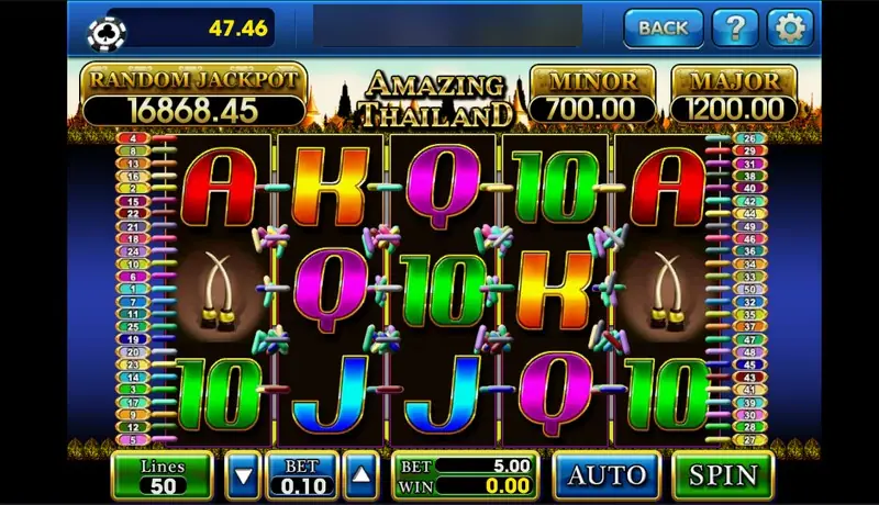 Amazing Thailand reels with red, orange, purple and green card symbols and two pairs of elephant tusks, a Thai temple skyline behind the logo, RANDOM JACKPOT 16868.45, MINOR 700.00, MAJOR 1200.00, Lines 50 and BET 0.10