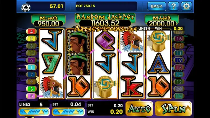 Aztec's Treasure reels at night with two Aztec King wilds stacked on reel 2, eagle warriors, sun-disc medallions and blue and orange card symbols, RANDOM JACKPOT 11603.52, LINES 5, BET 0.04 and WIN 0.20