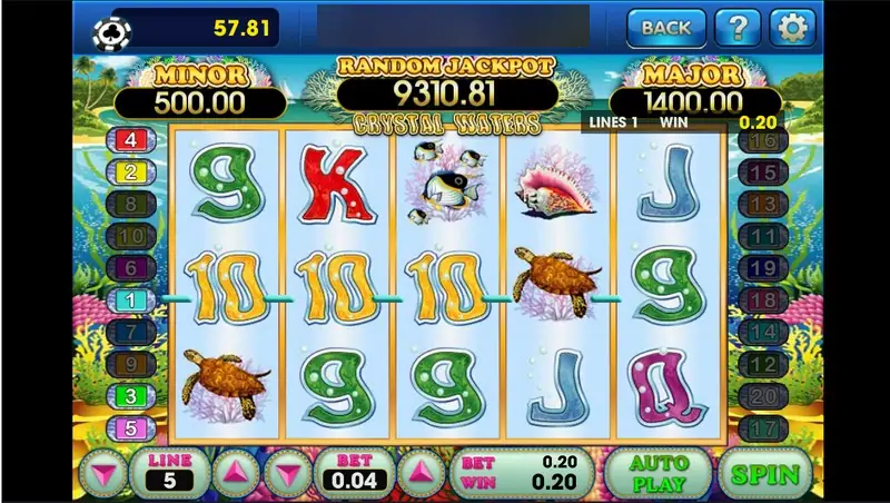 Crystal Waters with three gold 10s on line 1 paying 0.20, two turtles and a conch shell on the reels, LINE 5 and BET 0.04