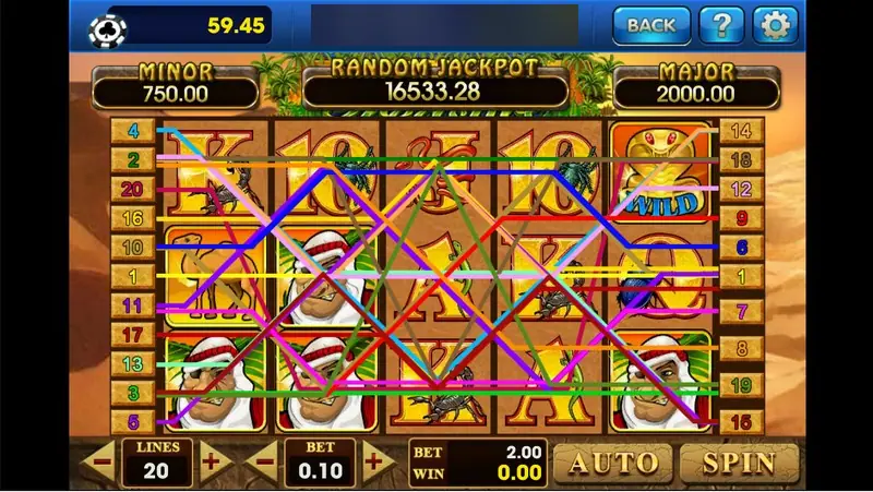Desert Treasure with all 20 paylines drawn in coloured lines over the reels, MINOR 750.00, RANDOM JACKPOT 16533.28 and MAJOR 2000.00, LINES 20 and BET 0.10