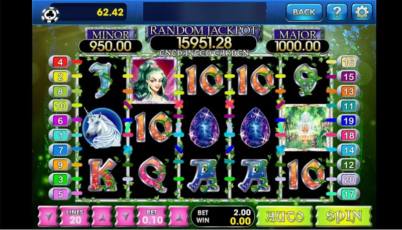 Enchanted Garden reels with a green-haired Fairy Princess, a unicorn, blue gems and a Garden fountain, MINOR 950.00, RANDOM JACKPOT 15951.28 and MAJOR 1000.00 on top, LINES 20 and BET 0.10 below