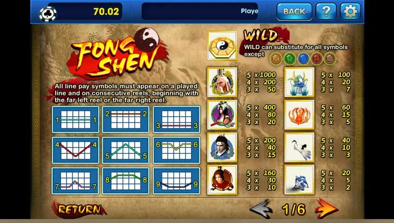 Fong Shen paytable page 1 of 6 with the nine payline diagrams, the bagua WILD and pays for eight symbols from 1000 down to 20