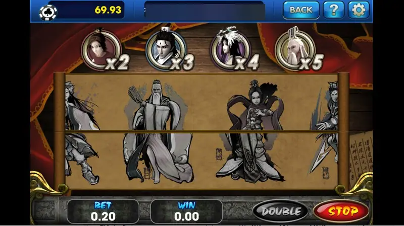 Fong Shen double-up screen: a scroll of ink-drawn characters under four portraits marked x2, x3, x4 and x5, with BET 0.20, WIN 0.00 and a STOP button