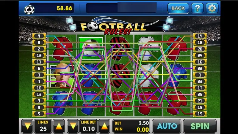 Football Rules with all 25 paylines drawn over the reels, LINES 25, LINE BET 0.10 and BET 2.50