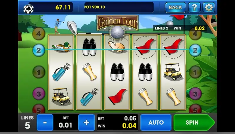 Golden Tour at BET 0.01 with two red flags on reels 4 and 5 paying on line 2, LINES 2 WIN 0.02 and a total WIN of 0.04