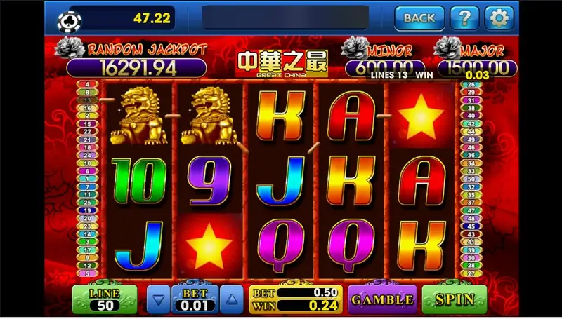 Great China at BET 0.01 with two golden lions on reels 1 and 2, red stars on reels 2 and 5, and a total WIN of 0.24