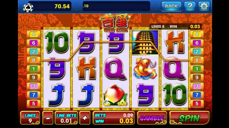 Great Stars reels on a red and gold background with purple and green card letters, a pagoda, a golden koi and a peach, LINES 9, LINE BETS 0.01 and a 0.03 win with the GAMBLE button lit