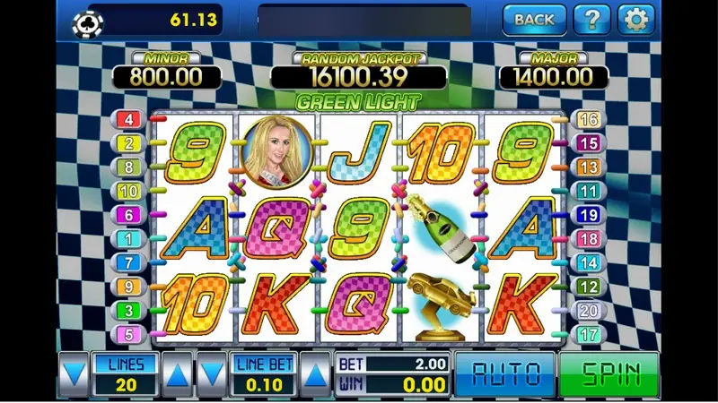 Green Light slot with chequered-flag letters, a blonde race queen, a champagne bottle and a gold trophy car on the reels, MINOR 800, Random Jackpot 16100.39, MAJOR 1400, LINES 20 and LINE BET 0.10