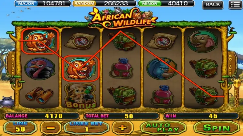 African Wildlife slot on 918Kiss with two roaring lion symbols linked by a red winning line, backpacks, a rhino and an explorer Bonus symbol on the reels