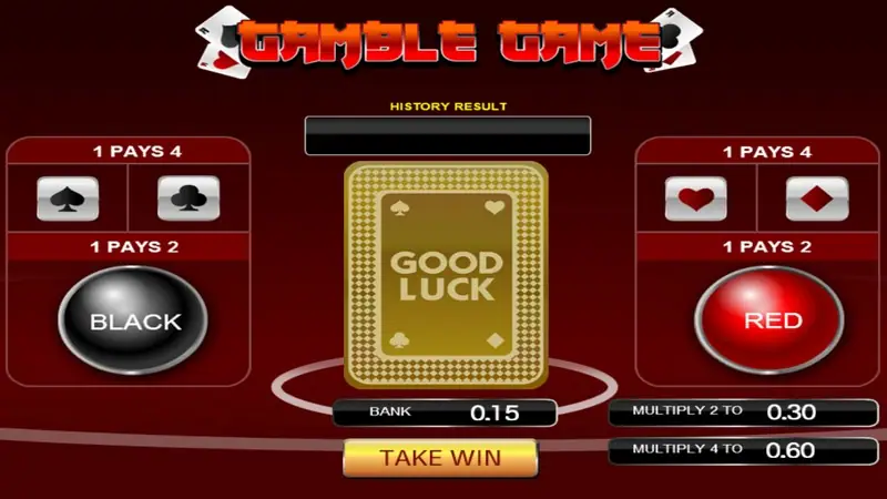Gamble Game screen with a face-down Good Luck card, Black and Red buttons paying 1 to 2, suit buttons paying 1 to 4, and a Take Win button