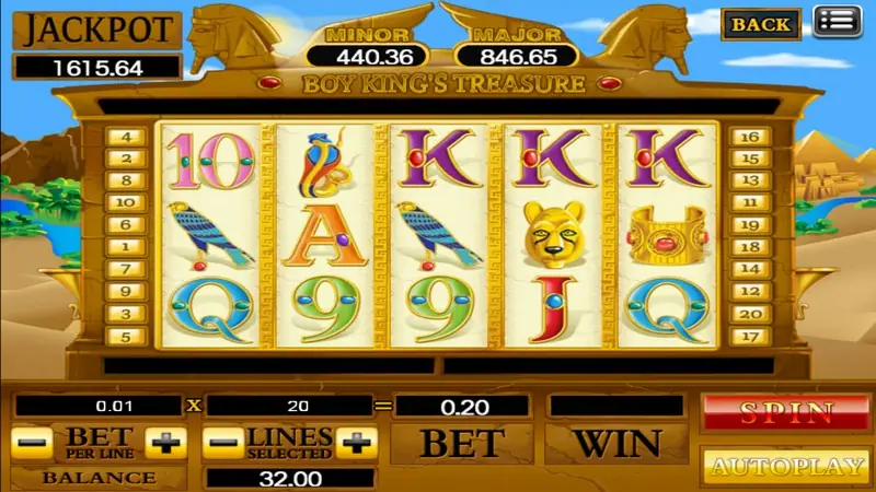 Boy King's Treasure on 918Kiss with a sandstone frame, sphinxes on top, and falcon, scarab and lion-head symbols among card letters