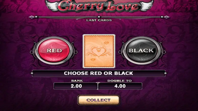 Cherry Love gamble screen with Red and Black buttons either side of a face-down card, bank 2.00, double to 4.00, and a Collect button