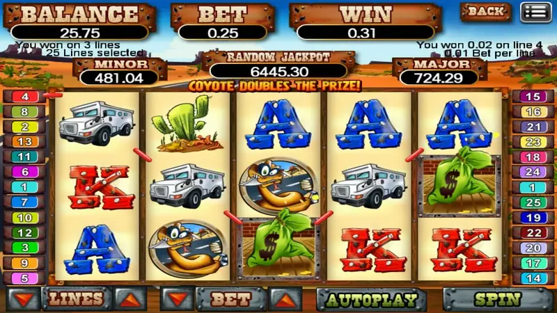 Coyote Cash on 918Kiss with a 'Coyote doubles the prize' banner, armoured trucks, a masked coyote wild, a cactus and money bags on desert-coloured reels