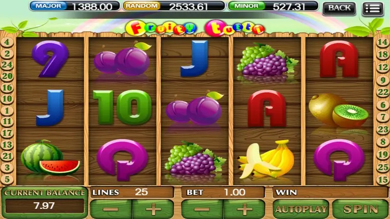 Tutti Frutti slot with wooden reels of plums, grapes, watermelon, bananas and kiwi plus letters, 25 lines, bet 1.00, balance 7.97