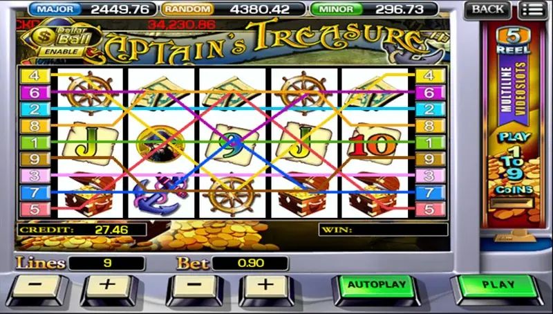 Captain's Treasure on ACE333 with nine coloured paylines drawn over ship's wheels, treasure chests, an anchor and the pirate captain, lines 9 and bet 0.90