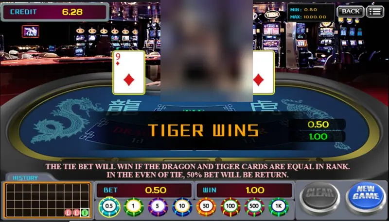 TIGER WINS banner with a 9 of diamonds against a 10 of diamonds, a 0.50 bet returning 1.00