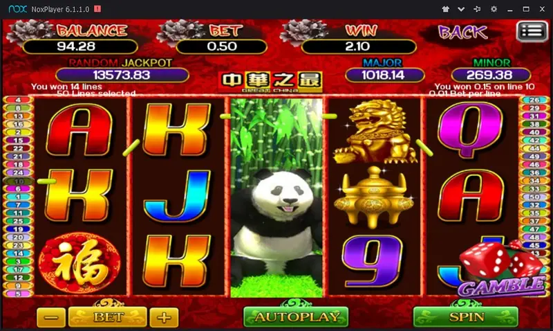 Great China slot with a panda covering all of reel 3 in front of bamboo, gold lion and incense burner symbols, and 'You won 14 lines' at the top
