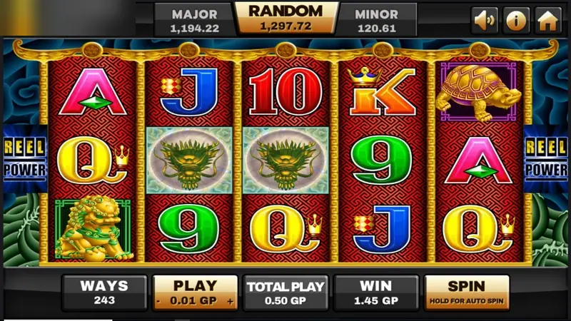 5 Dragons with two dragon wild symbols on reels 2 and 3, a golden lion on reel 1 and a gold turtle on reel 5, win 1.45 GP