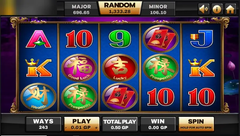 5 Koi Legends on Joker123: round coins marked Wealth, Good Luck, Lucky and Prosperity among card symbols on blue reels in a gold frame, 243 ways