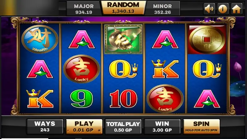 5 Koi Legends with a gold koi wild in a green frame on reel 3, a gold coin on reel 5 and red Lucky coins, win 3.00 GP from a 0.50 GP spin