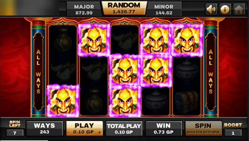 Aladdin free spins with golden Ancient Genie heads glowing on reels 1 to 5, SPIN LEFT 7 and BOOST 1 shown in the corners, win 0.73 GP