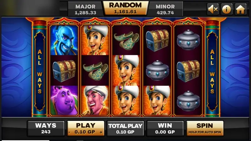 Aladdin slot on Joker123: blue and purple genies, a smiling boy in a white turban, a treasure chest, a silver pot and slippers on 243 ways