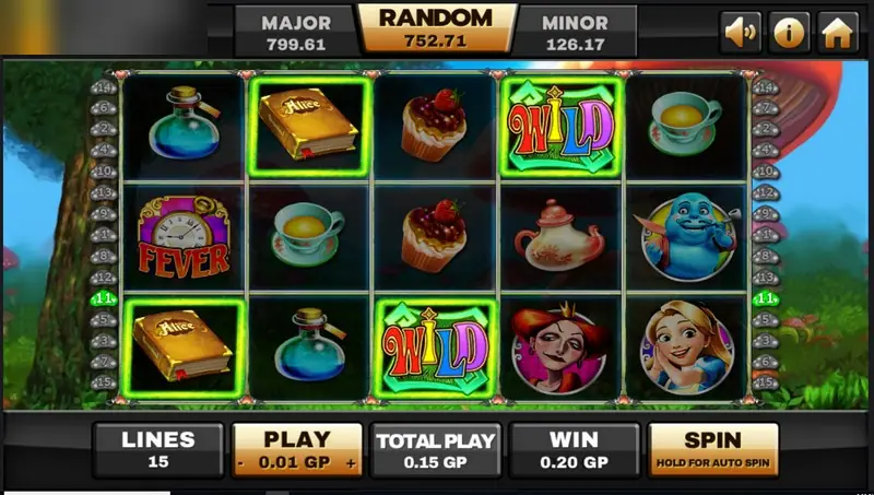 Alice reels with two glowing WILD tiles, a FEVER clock on reel 1, books and potions highlighted in green for a line win of 0.20 GP