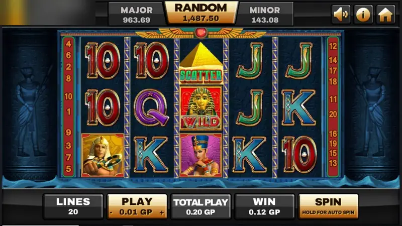 Ancient Egypt reels with a gold pyramid Scatter on reel 3 above a WILD pharaoh, stone card letters around them, bet 0.01 GP