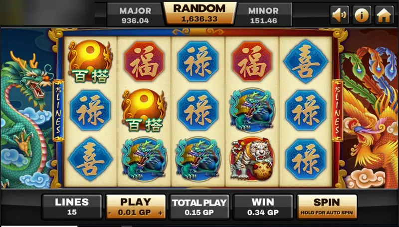 Archer slot on Joker123: red and blue diamond tiles with gold Chinese characters, yin-yang wilds marked 百搭, a white tiger and qilin, dragon and phoenix art on the sides