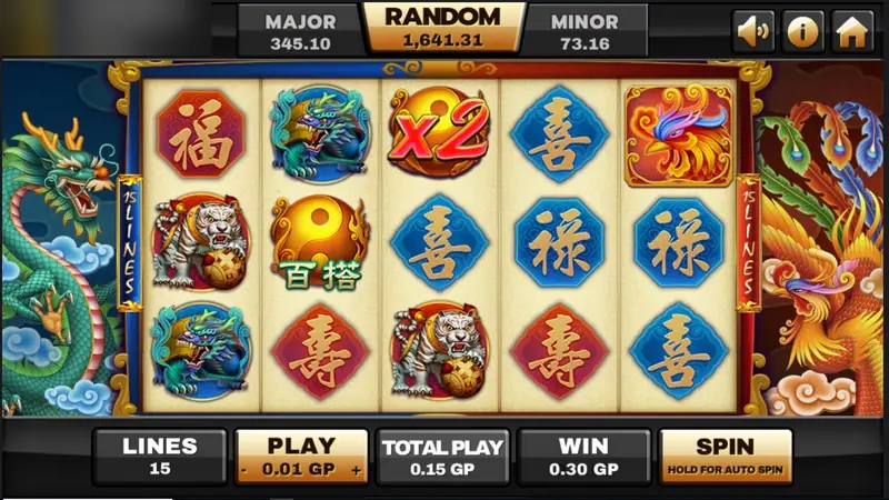 Archer reels with a red x2 symbol on reel 3, a phoenix tile on reel 5, a white tiger on reel 1 and blue 喜 tiles, win 0.30 GP