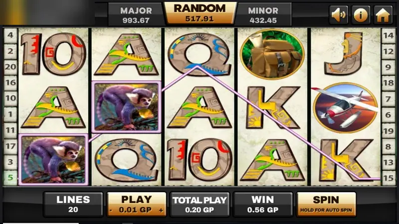 Azteca line win with two monkey symbols on reels 1 and 2 outlined in purple and a line drawn to a seaplane on reel 5, win 0.56 GP