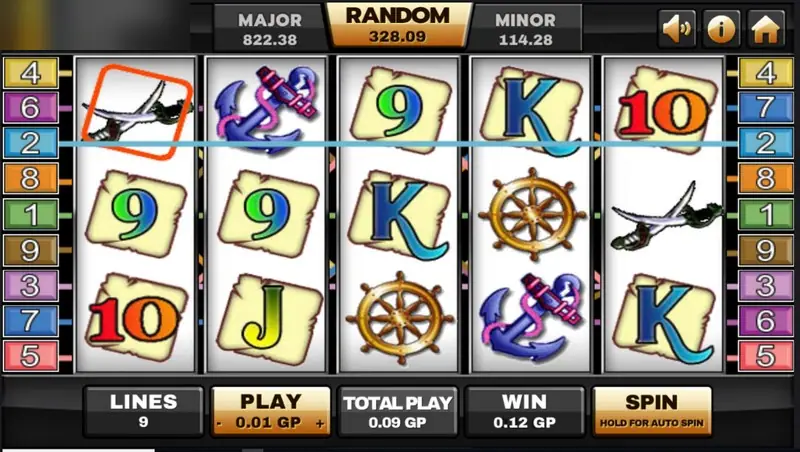 Captain Treasure line win across the middle row with a cutlass on reel 1, anchors and a ship's wheel, bet 0.01 GP, win 0.12 GP