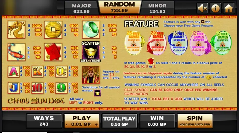 Choy Sun Doa paytable with dragon, coin, jade and koi values on the left, the gold ingot Scatter, the Choy Sun wild, and five free-game choices on the right